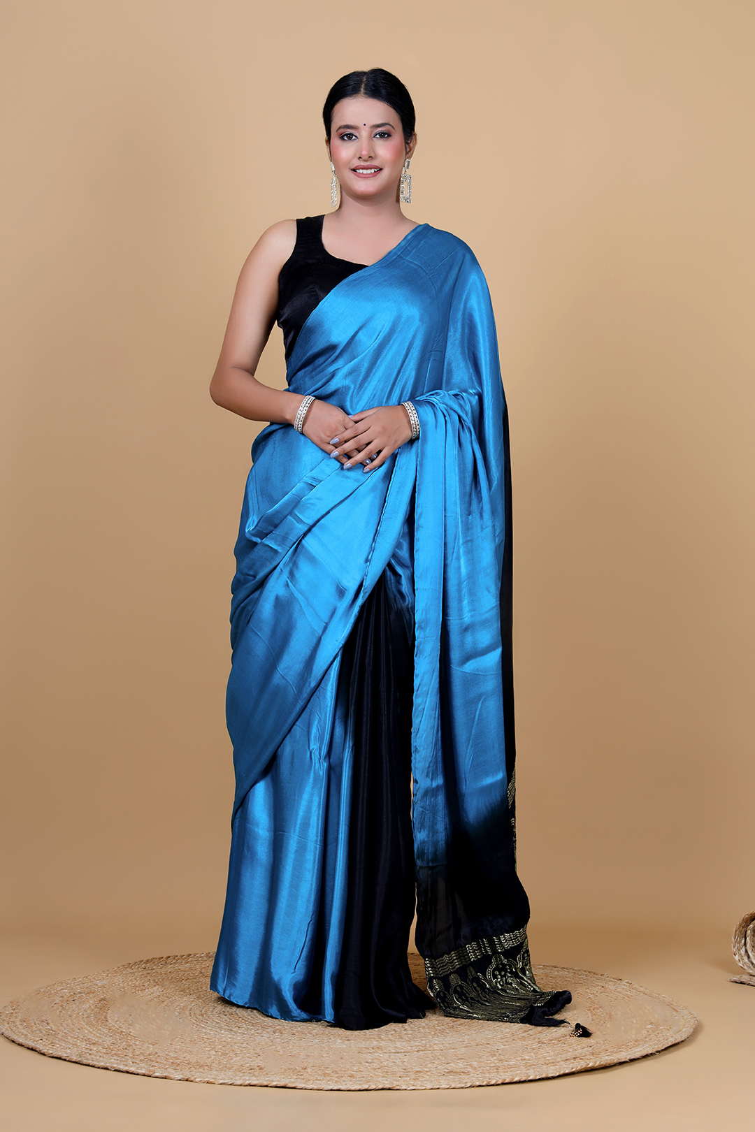 Firoji Blue & Black Gajji Silk Saree with Unstitched Blouse – Premium Ethnic Elegance | 6.5 Mtr